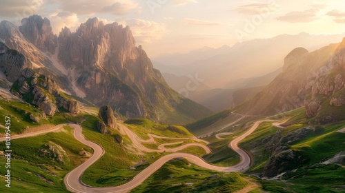 Aerial view of the winding Mangart Pass road amidst majestic mountain peaks at sunset.