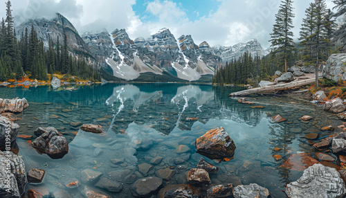 A beautiful mountain lake with a reflection of the mountains in the water by AI generated image