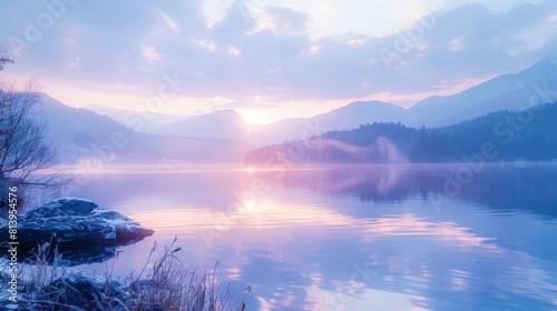 Sunrise over Lake Placid with mist rising  reflecting light on tranquil water amidst mountains.