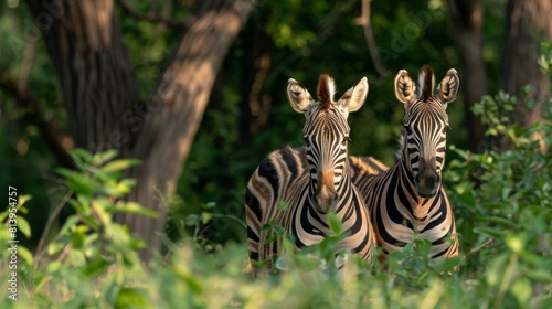 Two Burchell's zebras standing amidst greenery, looking towards the camera. photo