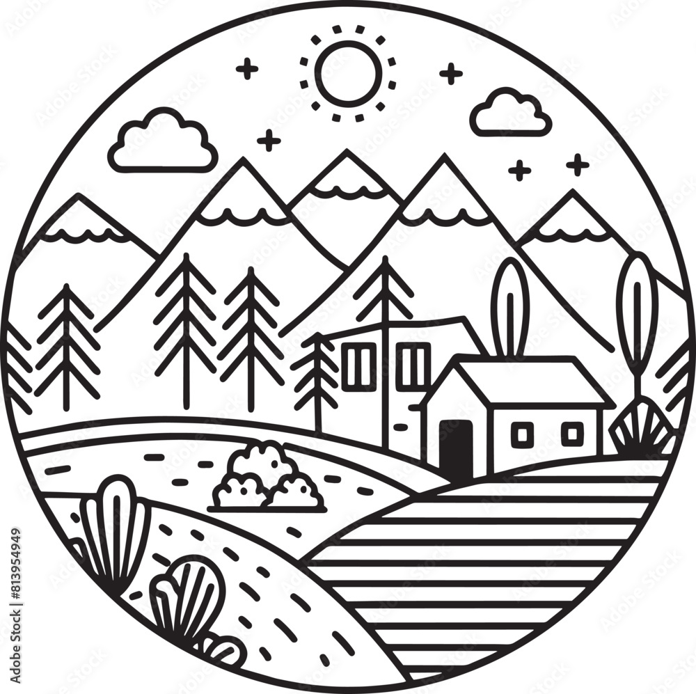 landscape with farm house and mountains line style icon  illustration design