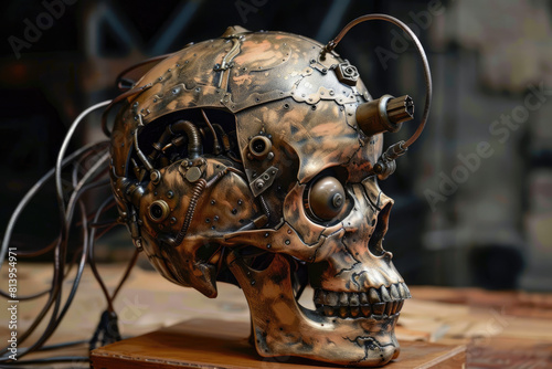 Photo of a steampunk brain made of metal and wires with a skull in the background