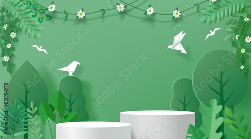 Eco background. Green tree garden with white empty platform, product podium in plant leaf, summer ecology banner with stage in leaves. Minimal showcase scene. Paper cut vector template