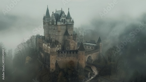 Aerial view of the mystical Eltz Castle in Germany, shrouded in mist and surrounded by forest. photo