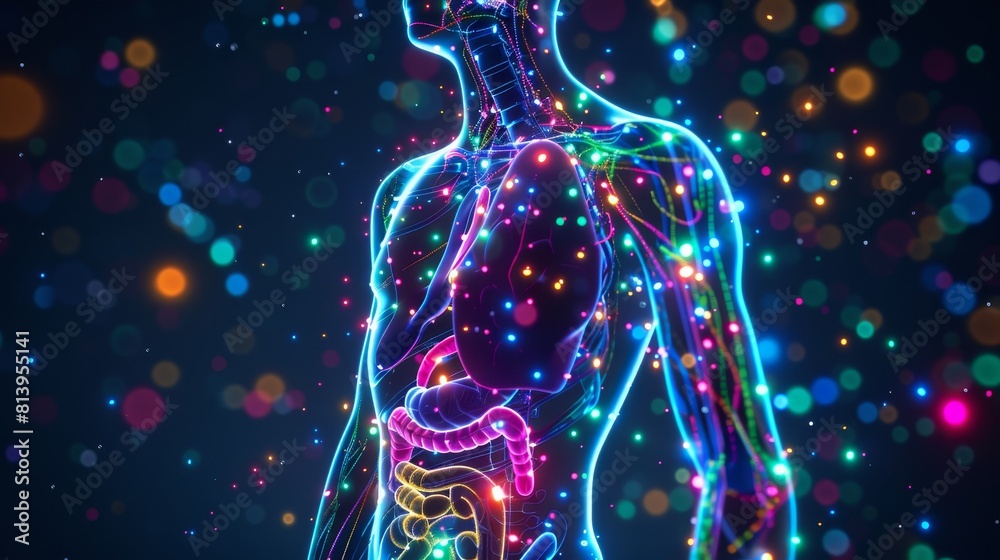 Dynamic digital representation of human anatomy with a vibrant neural network glow, set against a colorful abstract background. Dynamic digital representation of human anatomy with a vibrant neural network glow, set against a colorful abstract background.
