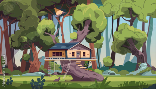 Children tree house. Little home. Forest woods. Kids playing construction. Cabin with rope and wooden ladders. Building on branches. Tire swing and kite. Vector summer woodland landscape