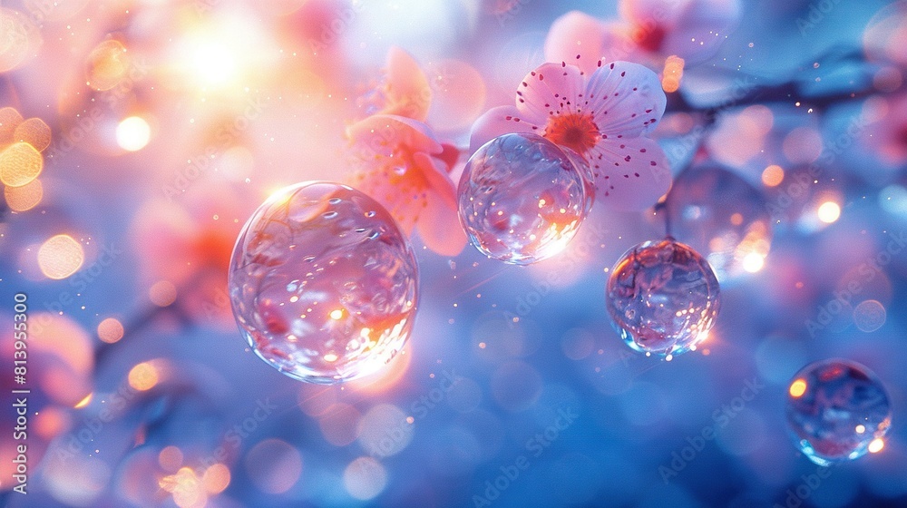 Bubbles floating near a tree with pink flower Bubbles floating near a tree with pink flower