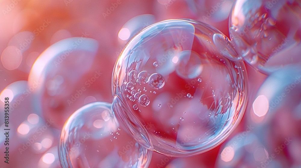A collection of bubbles hovering over a reddish-pink backdrop with a blurry depiction of the bubbles A collection of bubbles hovering over a reddish-pink backdrop with a blurry depiction of the bubbles