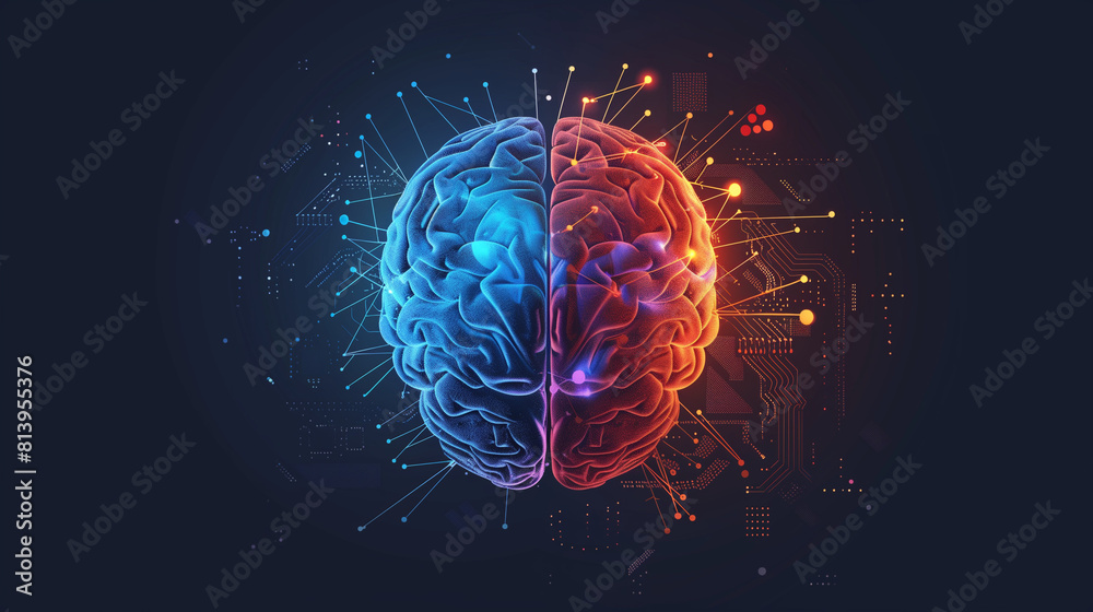 Top view brain split into two distinct halves: one half vividly depicting human neural textures and features, representing creativity and emotion; the other half designed with a digital, circuit-like Top view brain split into two distinct halves: one half vividly depicting human neural textures and features, representing creativity and emotion; the other half designed with a digital, circuit-like