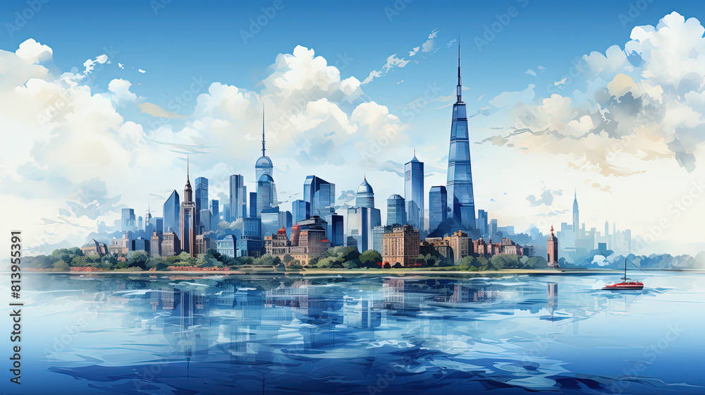 The Skyscrapers Reflect on Calm River Water Cityscape Vibrant Blue Color Oil Painting on Canvas