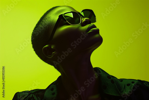 Silouhette of a short haired black women, looking up, background is a lime gradient, clothing is minimal, hyperrealistic scene, lighting is behind the person, the front of the person is dark, she is 