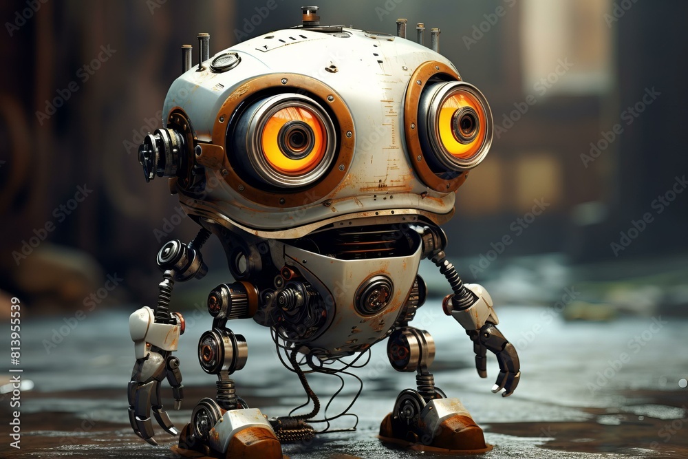 Fanciful Steampunk small cute robot. Power science. Generate Ai
