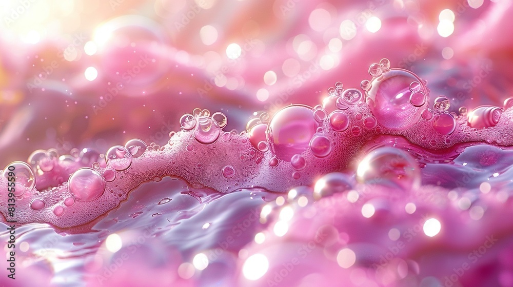A close-up of water bubbles on a pink surface, with a blurry background light A close-up of water bubbles on a pink surface, with a blurry background light