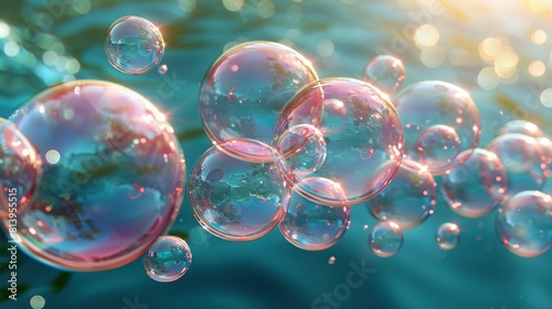  A cluster of soap bubbles bobbing atop a cerulean waterscape with an radiant sun overhead