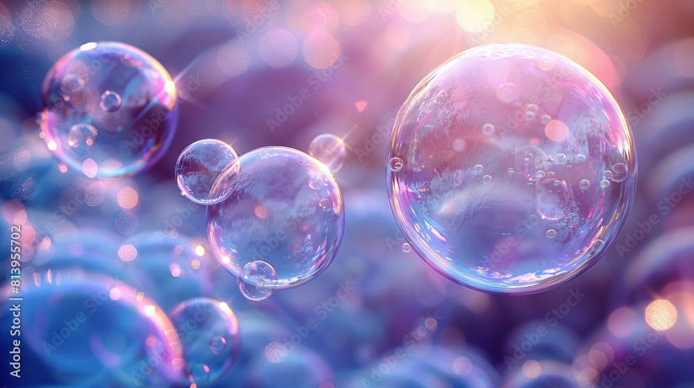   Soap bubbles on top of blue-purple background with a sunburst in backdrop