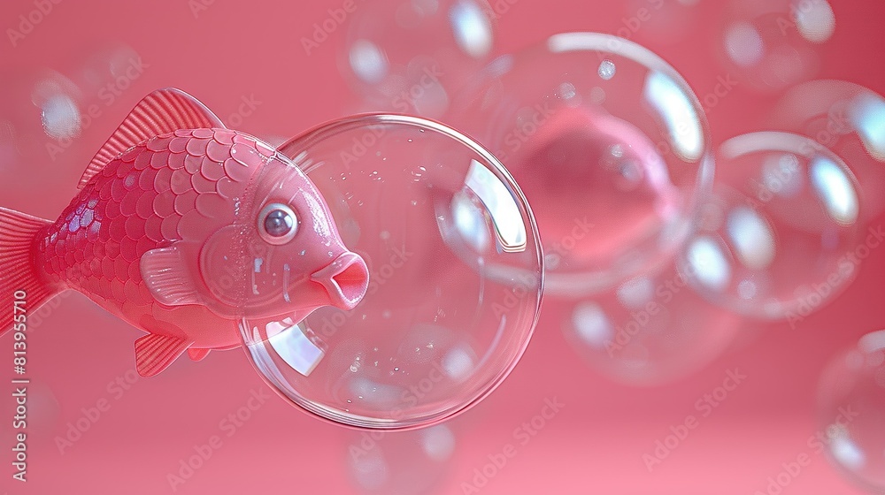 A close-up of a fish in a bowl with fish-shaped bubbles on a pink background A close-up of a fish in a bowl with fish-shaped bubbles on a pink background
