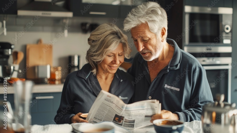 A mature couple in pajamas enjoying a cozy morning with coffee and a newspaper in a modern kitchen. A mature couple in pajamas enjoying a cozy morning with coffee and a newspaper in a modern kitchen.