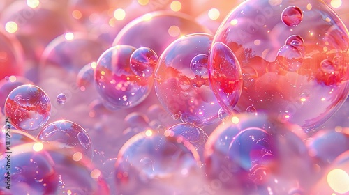  Pink and blue bubbles float on top of each other in an air-filled liquid, while more bubbles fill the space below