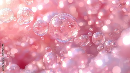   A cluster of bubbles afloat atop a rose-hued expanse, adorned with multitudes of gas-filled orbs photo