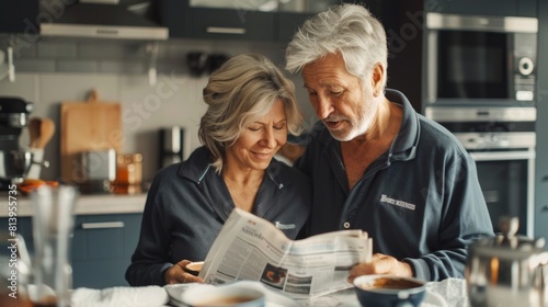 A mature couple in pajamas enjoying a cozy morning with coffee and a newspaper in a modern kitchen. photo