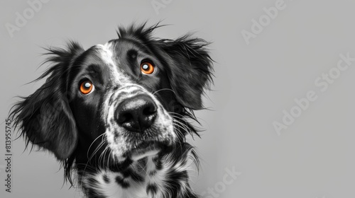 Black and white dog with striking orange eyes looking up, against a gray background, displaying a curious expression. photo
