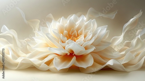   A white flower with a yellow center blowing in the wind on a white-beige background © Zoya