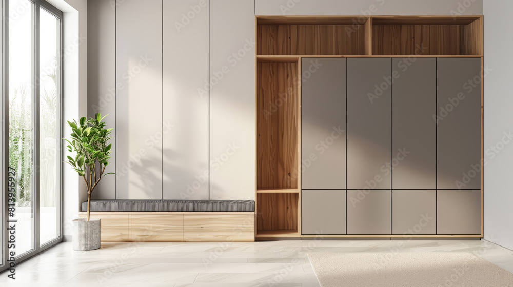 Fototapeta premium Modern Mudroom Featuring Elegant Built-in Storage and Seating Area