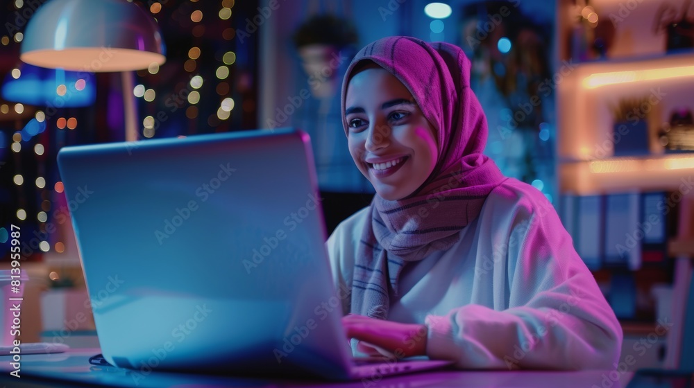 A successful Arab woman sits in Creative Agency and works on laptop computer in the evening. Manager celebrating impressive sales results. Specialist happy with her project plan. A successful Arab woman sits in Creative Agency and works on laptop computer in the evening. Manager celebrating impressive sales results. Specialist happy with her project plan.