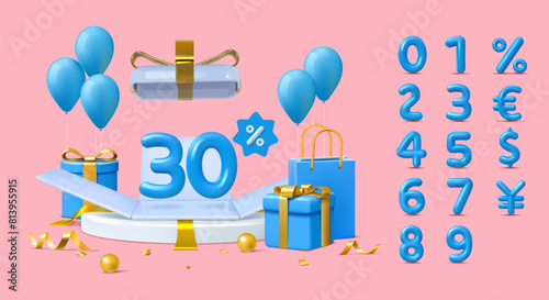 3D numbers. Holiday gift box. 10 percent sale. Discount percentage font. Shop podium with bags and dollar sign. Render presents and balloons. Vector shopping offer design elements set