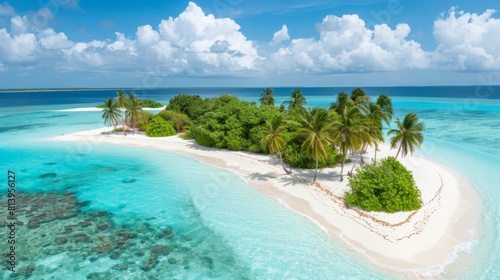 Aerial view of a stunning atoll with turquoise waters, white sandy beach, and lush greenery. photo