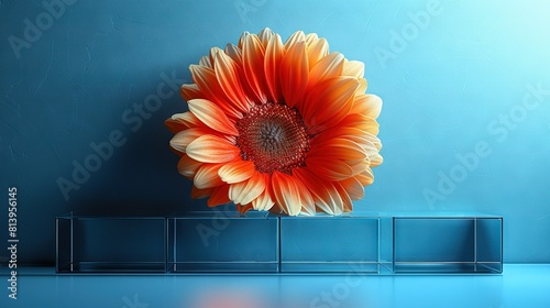  Orange bloom perched atop blue shelves, framed by blue walls