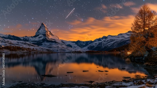 A picturesque night sky with a shooting star above snow-covered peaks reflected in a tranquil lake.