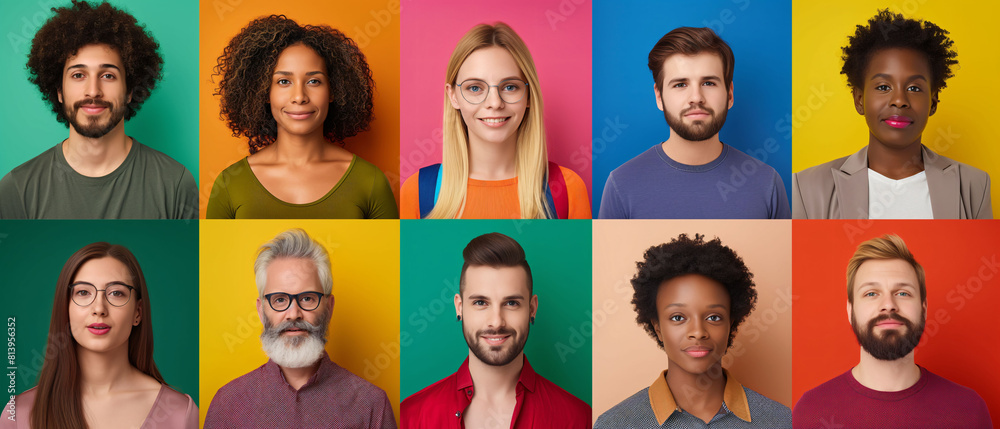 Profile picture of a group of people on a colorful background. Mixed of both Africans and Americans, smiling, looking ahead. Confidently with blonde hair and an Afro style. Profile picture of a group of people on a colorful background. Mixed of both Africans and Americans, smiling, looking ahead. Confidently with blonde hair and an Afro style.