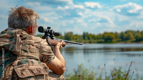 Rear view of a hunter with a camouflage jacket aiming a scoped rifle in a field with a lake and trees in the background. photo