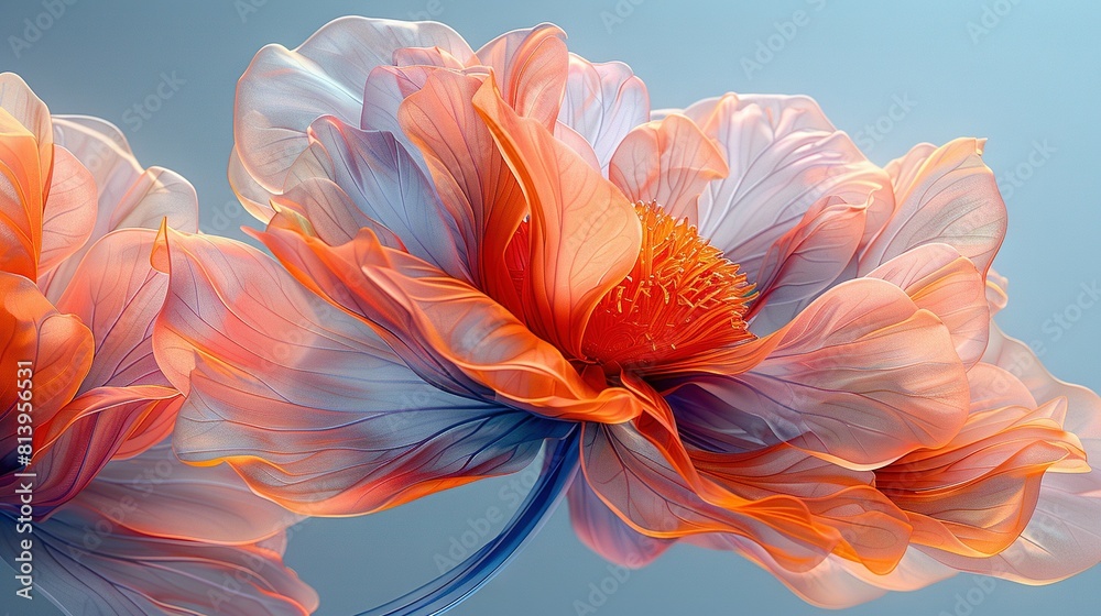 A clear photo of two big flowers on a blue-white backdrop, with a crimson focal point in the middle blossom A clear photo of two big flowers on a blue-white backdrop, with a crimson focal point in the middle blossom