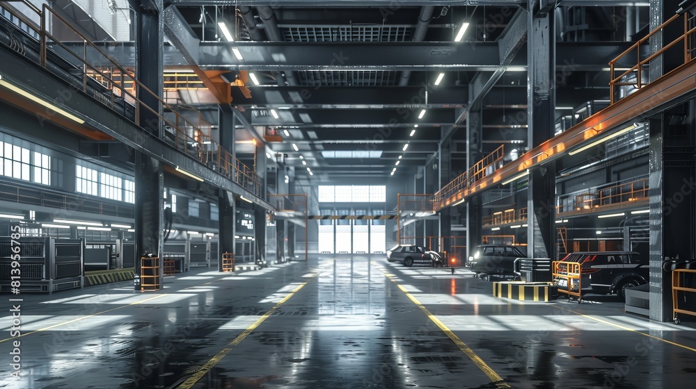 Rendering of a car factory: Assembling High-Tech Green Energy Electric Vehicles. Automated Construction, Building, Welding Production Conveyor. Rendering of a car factory: Assembling High-Tech Green Energy Electric Vehicles. Automated Construction, Building, Welding Production Conveyor.