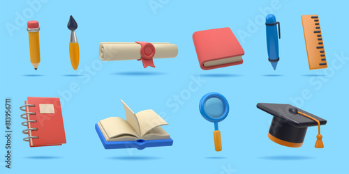 3D stationery. School book. Notebook, pen and pencil for education. Graduation hat. Office notepad. Magnifier and eraser. Learning textbook. Sharpener and ruler. Vector render icons set © SpicyTruffel