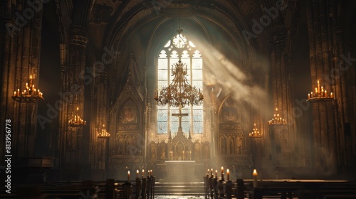 A wide view of a large window and an antique chandelier in a grand church. Beautiful stained glass letting the sunlight flow in, and candles emitted a warming glow.