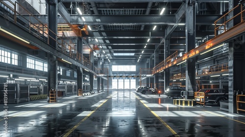 Rendering of a car factory: Assembling High-Tech Green Energy Electric Vehicles. Automated Construction, Building, Welding Production Conveyor.