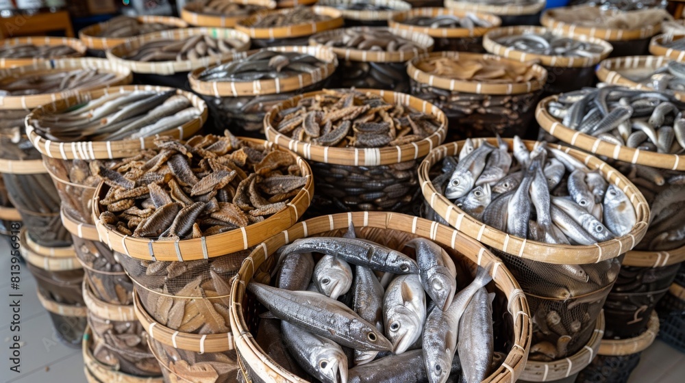 Baskets of dried fish for sale at a market in Phnom Penh, showcasing a variety of species arranged neatly. Baskets of dried fish for sale at a market in Phnom Penh, showcasing a variety of species arranged neatly.