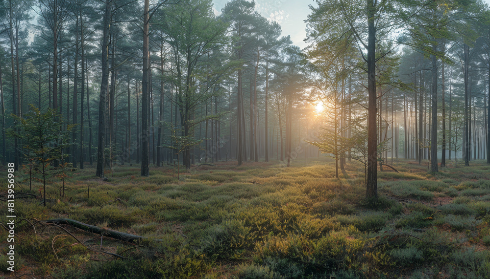 Fototapeta premium A forest with a sun shining through the trees by AI generated image