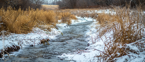 dried winter landscape next to a flowing creek photo