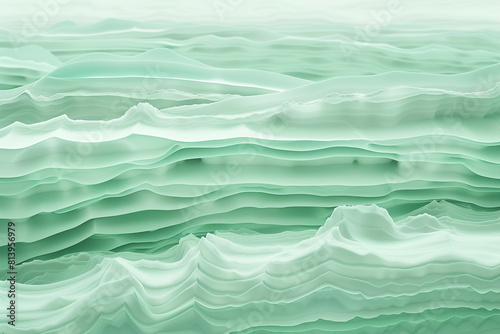 Horizontal waves of a soft mint green, layered like the strata of an alien planet. Each layer varies in opacity and brightness, creating a complex and textured landscape that invites exploration.
