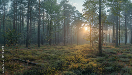 A forest with a sun shining through the trees by AI generated image