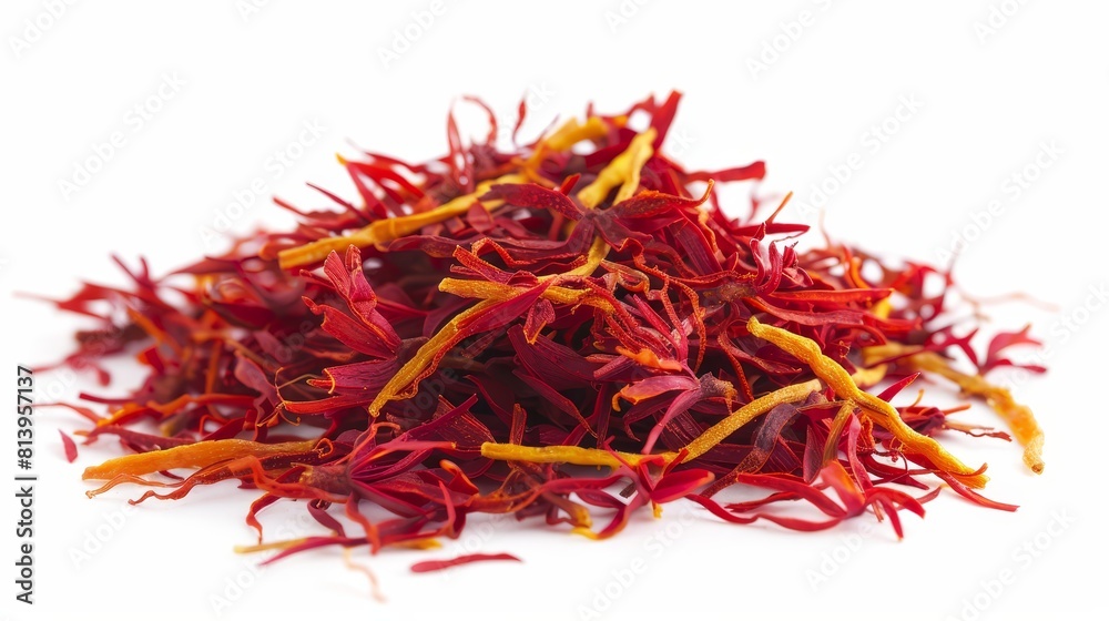 Fototapeta premium A pile of saffron threads, isolated on white background. Saffron is the world's most expensive spice.