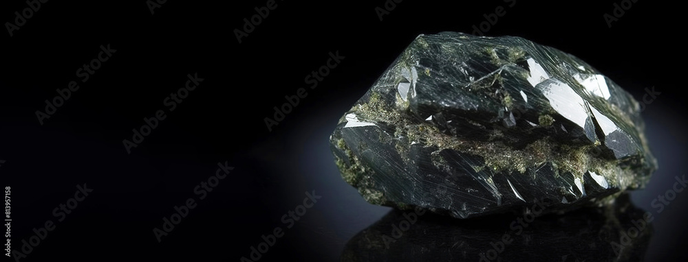 Pyroxene is a rare precious natural stone on a black background. AI generated. Header banner mockup with space. Pyroxene is a rare precious natural stone on a black background. AI generated. Header banner mockup with space.