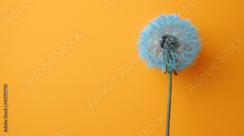  A blue dandelion perched atop a yellow wall  in front of a black vase with a protruding blue flower