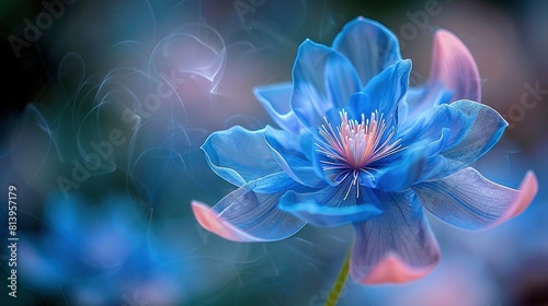   A sharp image of a blue blossom with a butterfly soaring past it against a blurred backdrop