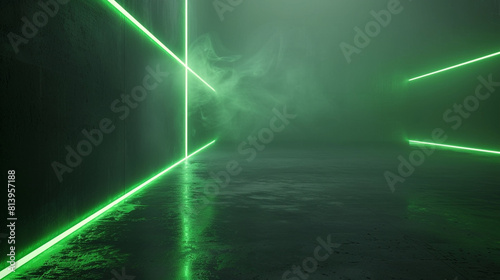 The backdrop of a dark room, its walls a dark matte gray, underlit by a sharp, lime green neon light that casts a vivid glow across the surfaces