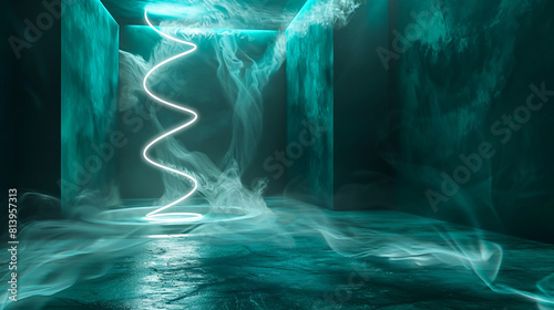 The interior of a dark room, with walls painted a sophisticated, dark teal, illuminated by a bright, silver neon light that spirals upwards from